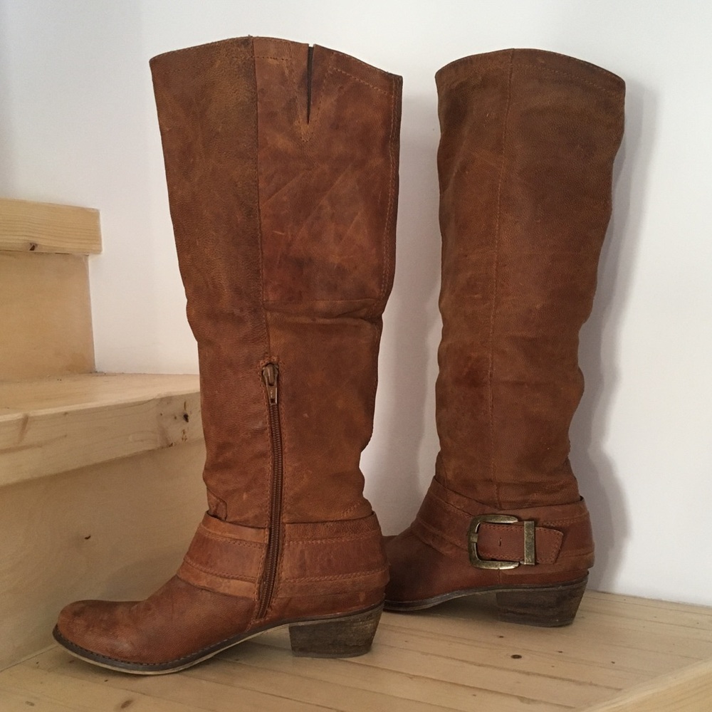 Knee high boots brown cognac leather / block heel